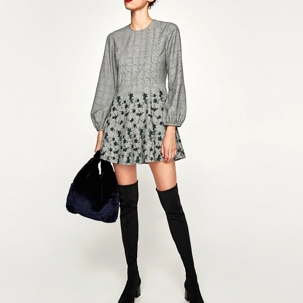 Zara Plaid Checked Mini Dress‎ With Green Floral Embroidery